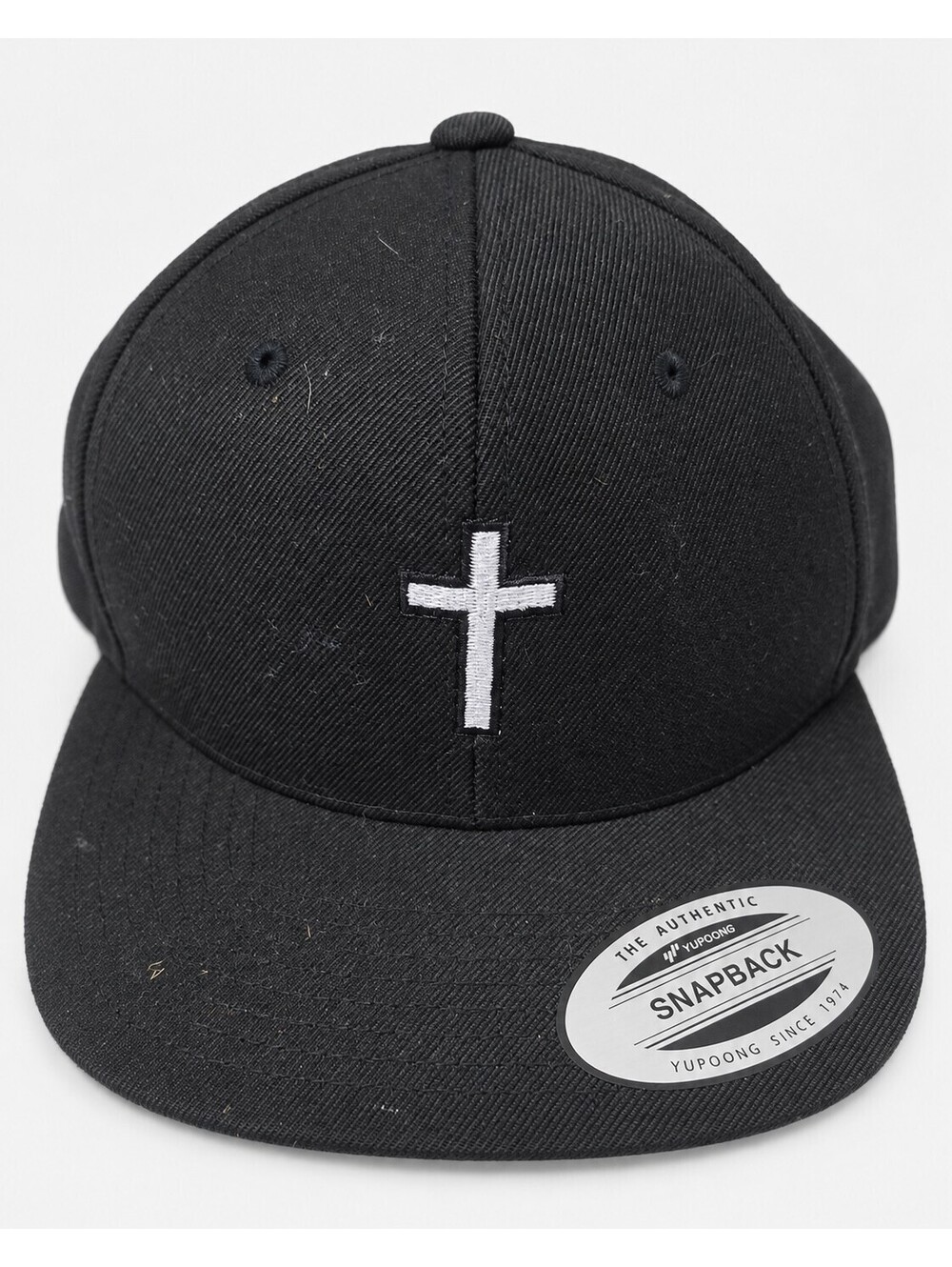 Yupoong Classics Black Snapback Hat White Cross Embroidered Christian Cap